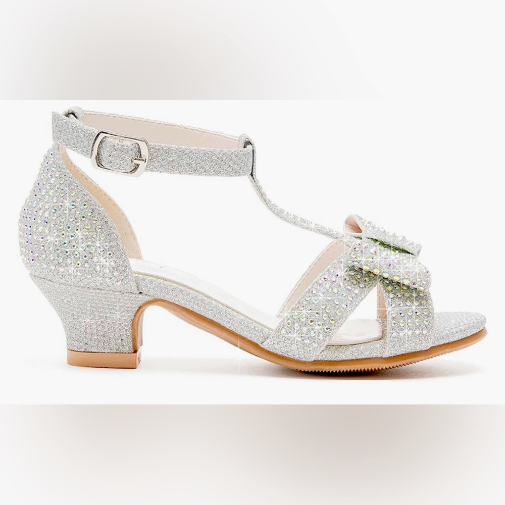 Beautiful Toddler size 9 sequined open toe dress shoe with mini heel.